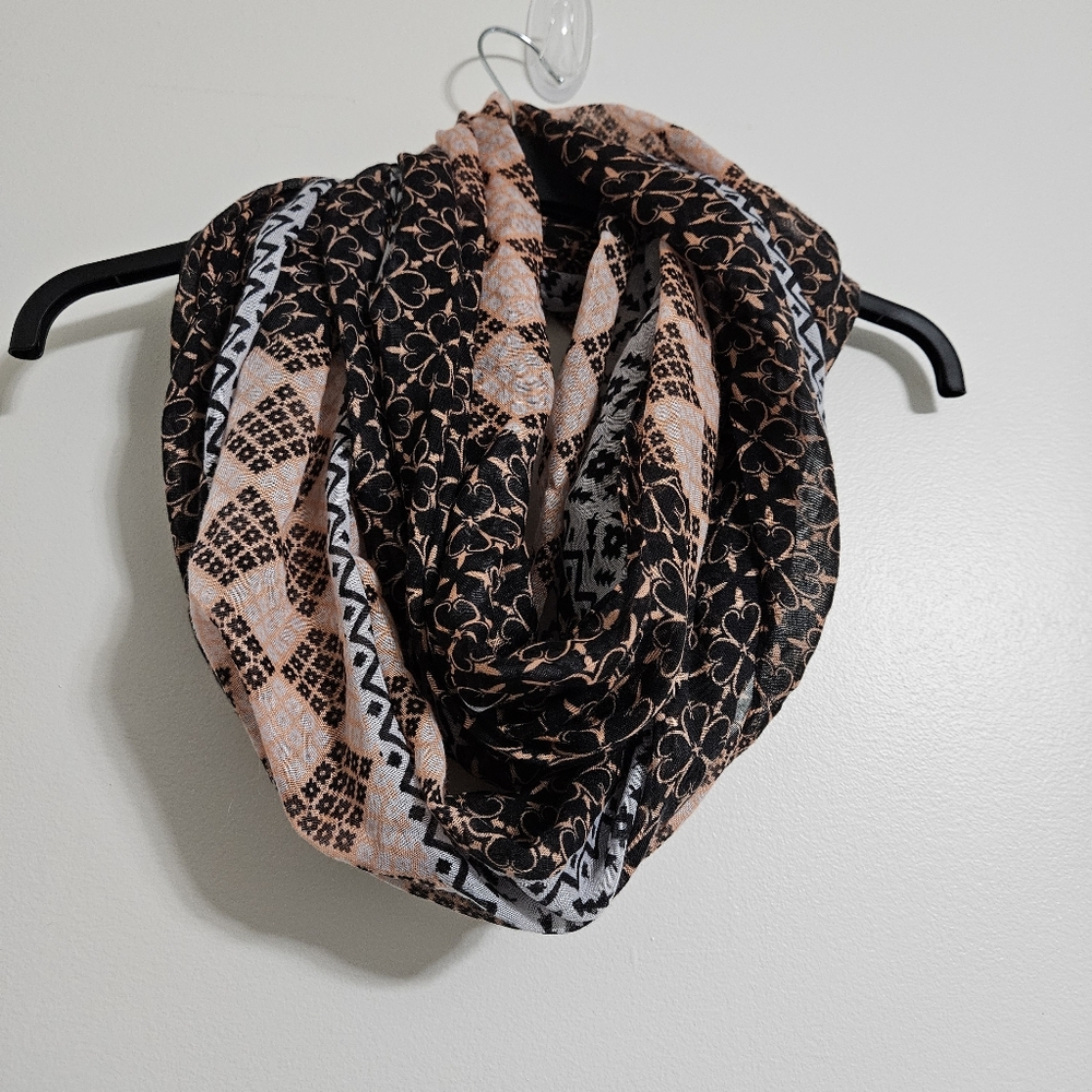 Women's infinity scarf peach geometric pattern sheer light fall layering gauzy